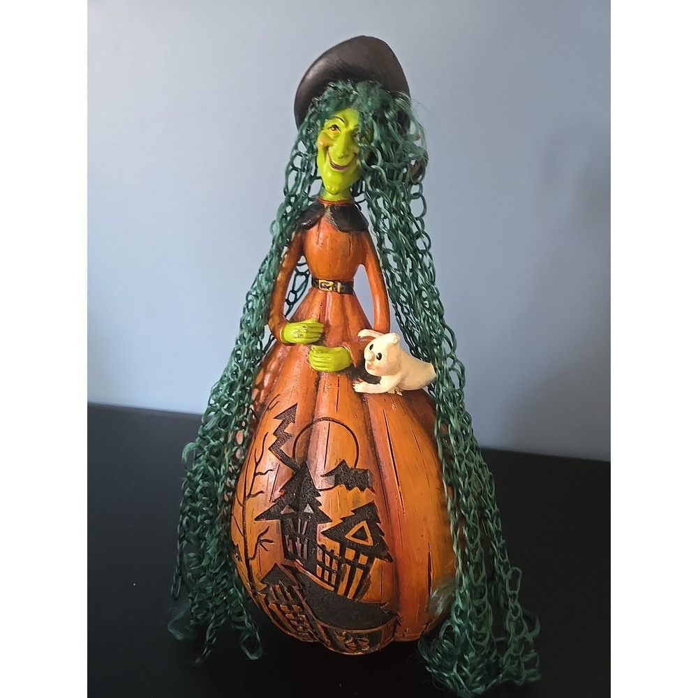 Green WICKED Witch Carved Pumpkin Gourd Figurine Halloween Green Hair Ghost‎